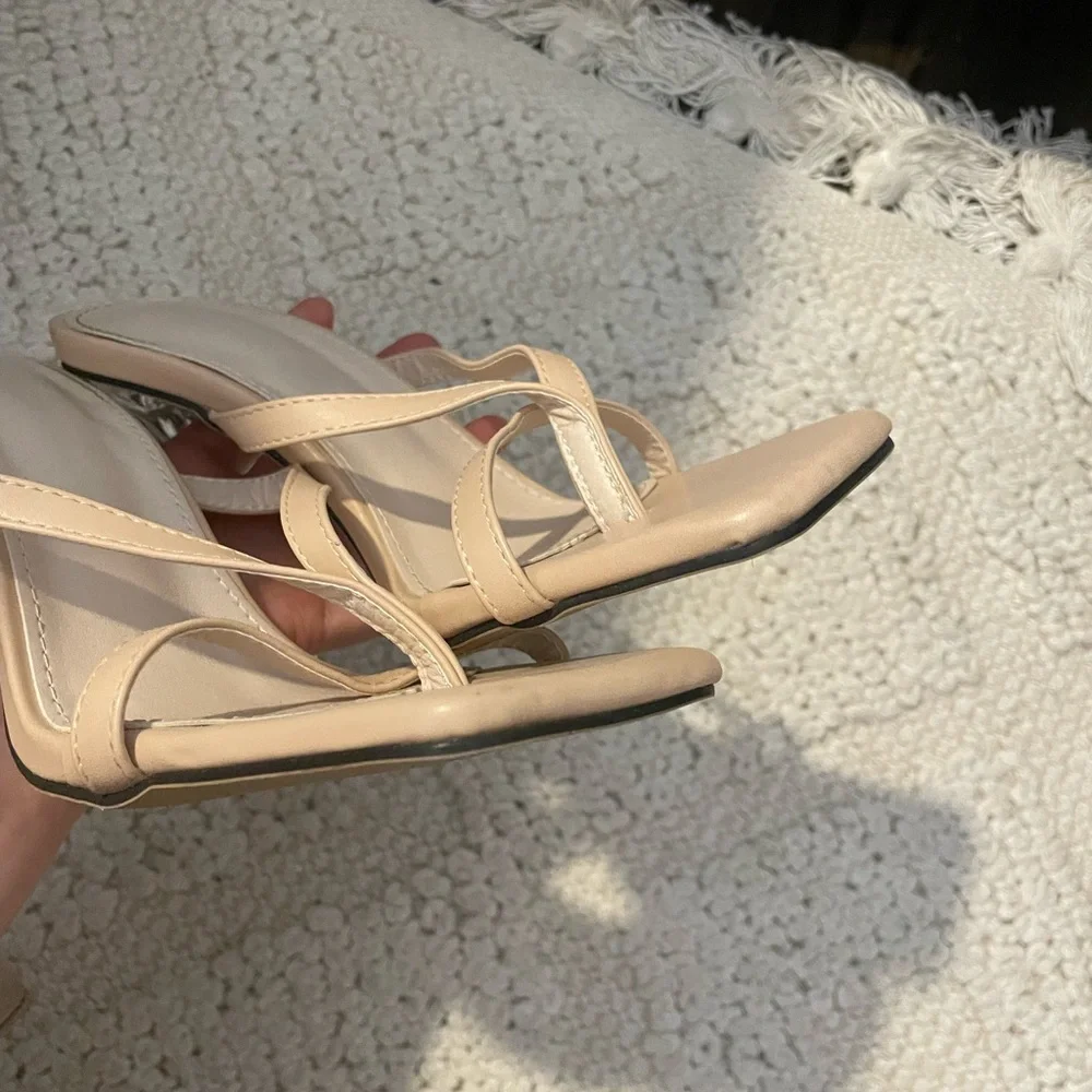 Cream‎ Square Toe Strappy Heeled Mules